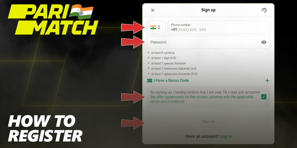 Instructions on how to register in Parimatch